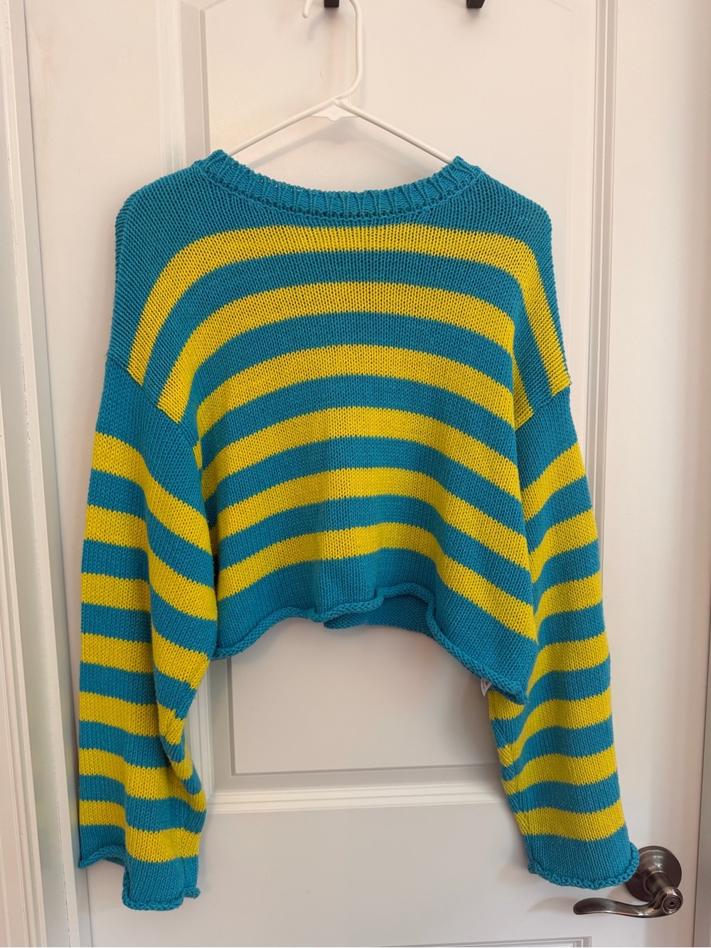 Zara Teal and Yellow Striped Cropped Crewneck Sweater
